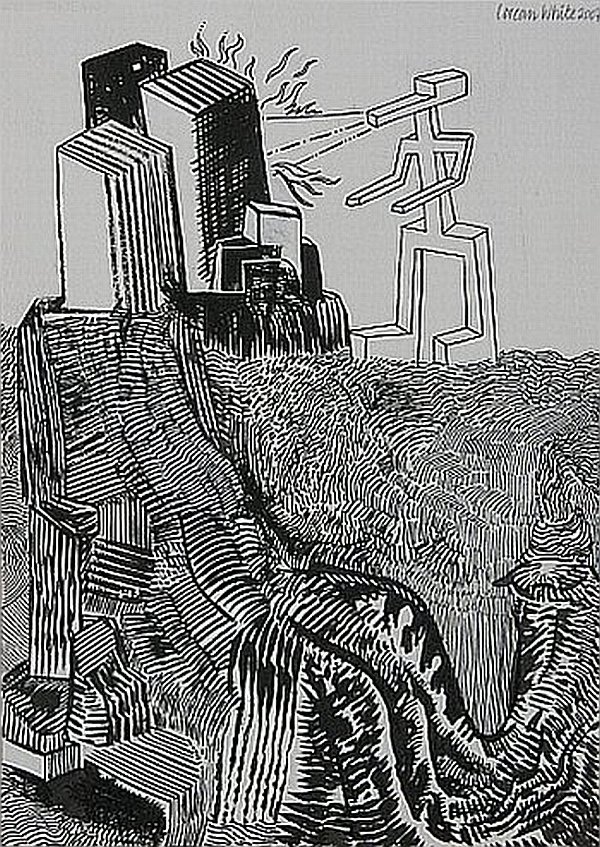 Click the image for a view of: Untitled (Fire breathing monster,city). 2007. Pen & Ink