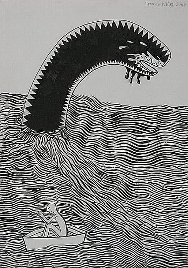 Click the image for a view of: Untitled (Seamonster, boat). 2008. Pen & Ink