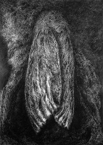 Click the image for a view of: Rosemarie Marriott. Verskans. 2006. Incised board, charcoal. 1020X725mm