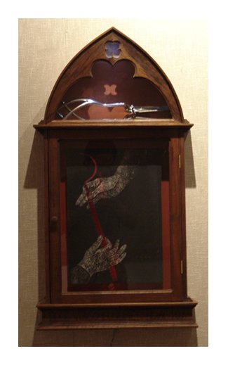 Click the image for a view of: Parturition - Vestibule. 2006. illuminated wooden reliquary, woodcut, silicone, found objects