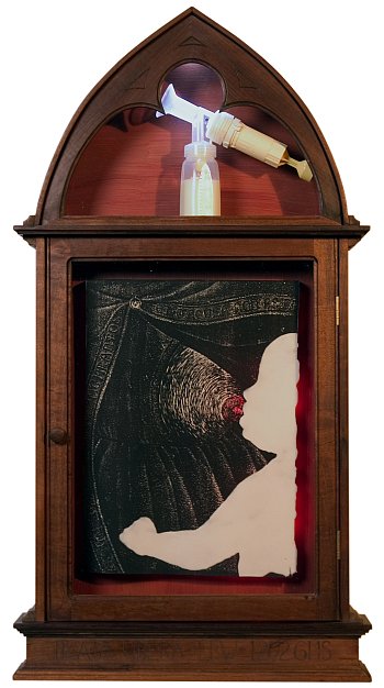 Click the image for a view of: Parturition - Lacteal. 2006. illuminated wooden reliquary, woodcut, silicone, found objects