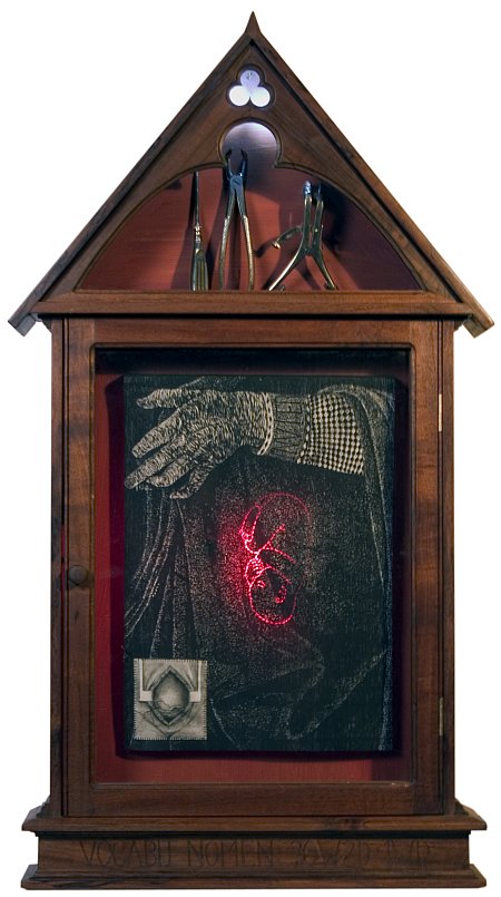 Click the image for a view of: Parturition - Umbilicus. 2006. illuminated reliquary, woodcut, silicone, found objects