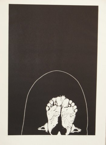 Click the image for a view of: White with Aids wanted. 2008. linocut. edition 5. 1000X700mm