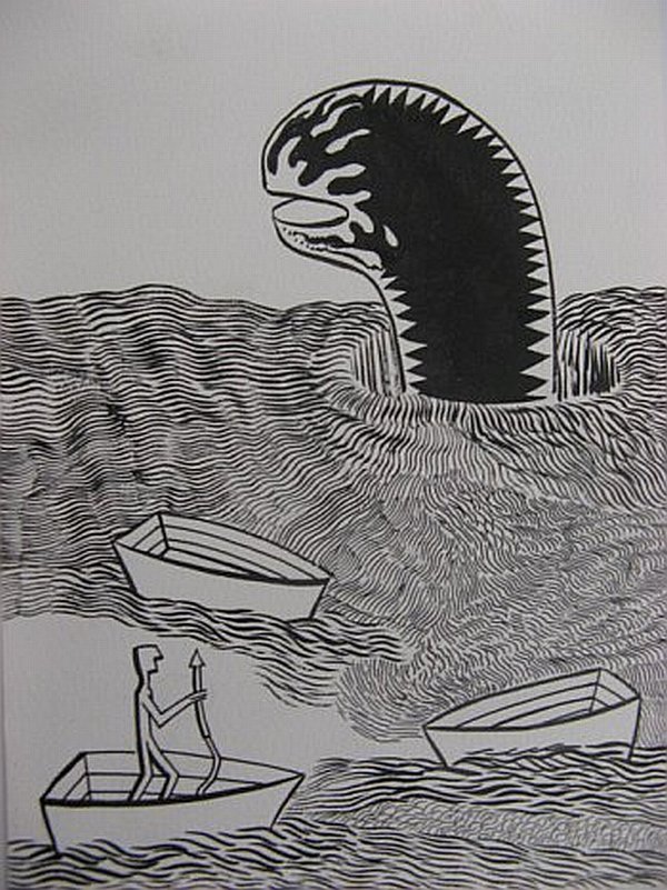 Click the image for a view of: Untitled (Seamonster, 3 boats and a man). 2008. Pen & Ink