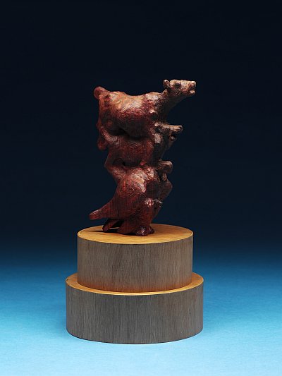 Click the image for a view of: Maquette for Moo, roar, chee-ow, yeeoh. - 2008. Wood. 292X279X518mm