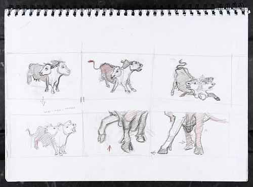 Click the image for a view of: Drawing 1 for Moo, Moo, Mooo. - 2006. Animation (3-D animation: Antonio Petra. Sound Wounded Buffalo)