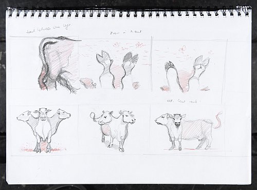 Click the image for a view of: Drawing 4 for Moo, Moo, Mooo. - 2006. Animation (3-D animation: Antonio Petra. Sound Wounded Buffalo)