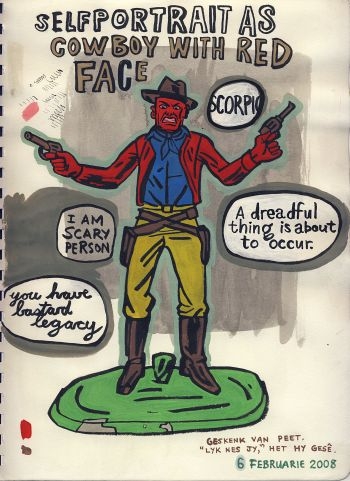 Click the image for a view of: Anton Kannemeyer. Self portrait as cowboy with red face. 2008. Brush & ink, acrylic