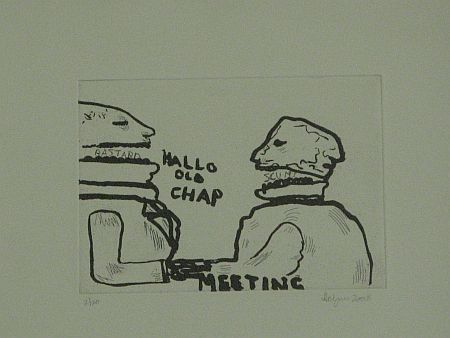 Click the image for a view of: Robert Hodgins. Meeting. 2008. Etching