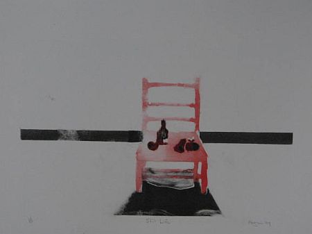 Click the image for a view of: Robert Hodgins. Still life with red chair. 2009. Monotype