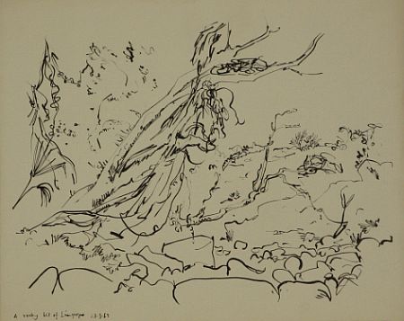 Click the image for a view of: A rocky bit of Limpopo. 1952. Brush & ink. 349X438mm
