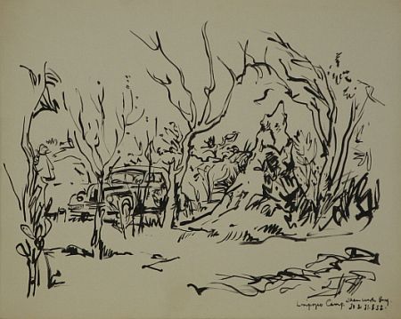 Click the image for a view of: Limpopo Camp. Saamwerk Brug. 1952. Brush & ink. 345X438mm