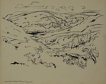 Click the image for a view of: Wylliespoort. 1952. Brush & ink. 349X434mm