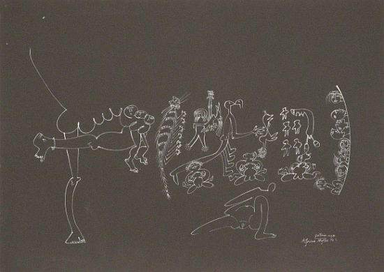 Click the image for a view of: African Myths No 1. 1981. White ink on black paper. 505X701mm