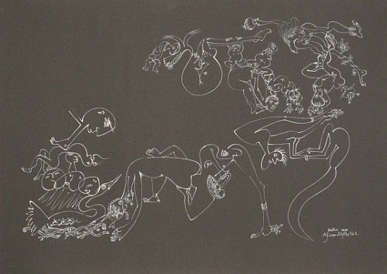 Click the image for a view of: African Myths No 2. 1981. White ink on black paper. 494X700mm