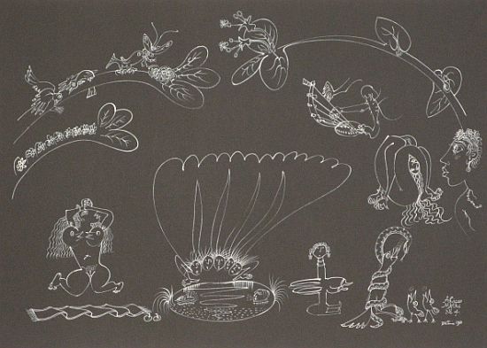 Click the image for a view of: African Myths No 4. 1981. White ink on black paper. 502X701mm