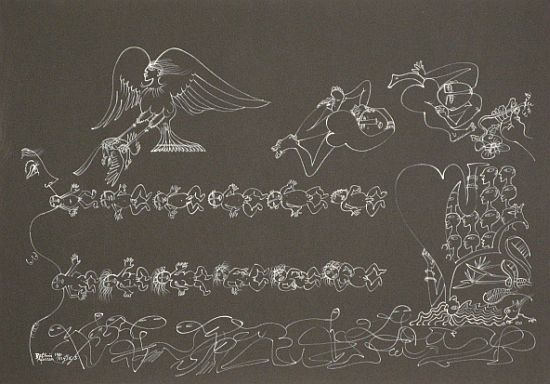 Click the image for a view of: African Myths No 5. 1981. White ink on black paper. 502X701mm