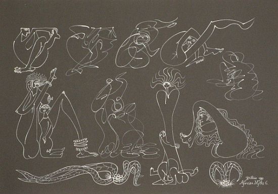 Click the image for a view of: African Myths No 6. 1981. White ink on black paper. 502X701mm