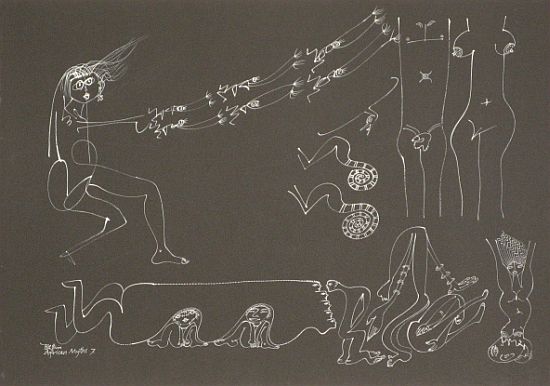 Click the image for a view of: African Myths No 7. 1981. White ink on black paper. 502X700mm
