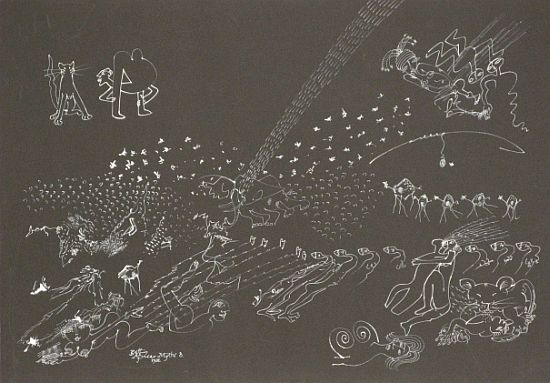 Click the image for a view of: African Myths No 8. 1981. White ink on black paper. 502X699mm