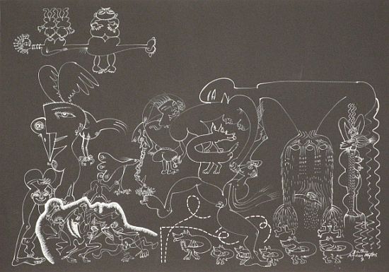 Click the image for a view of: African Myths No 9. 1981. White ink on black paper. 502X700mm