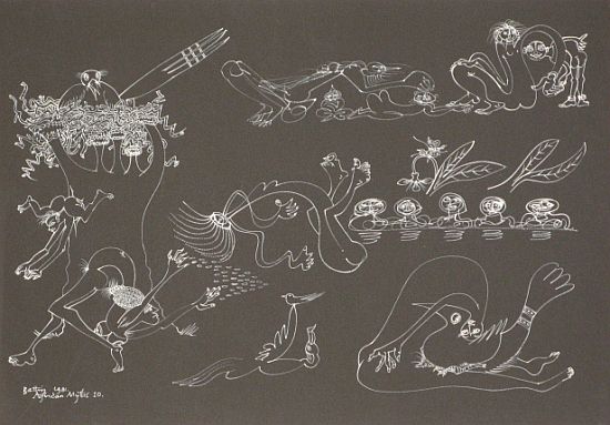 Click the image for a view of: African Myths No 10. 1981. White ink on black paper. 502X701mm
