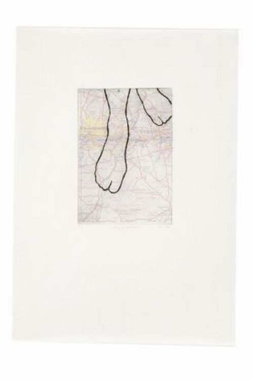 Click the image for a view of: Packing up: barefoot. 2009. Sugar-lift, chine colle. Edition 15. 210X290mm