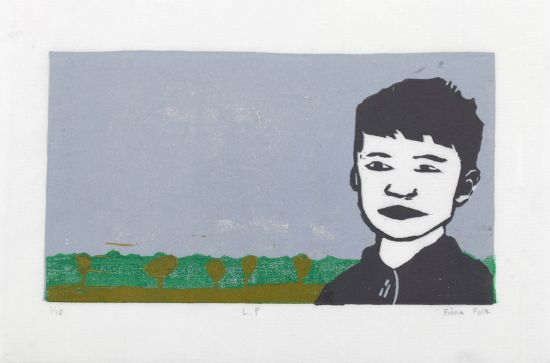 Click the image for a view of: Fiona Pole. Mes familiers: L.P. 2015. Reduction linocut. Edition 10. 215X155mm