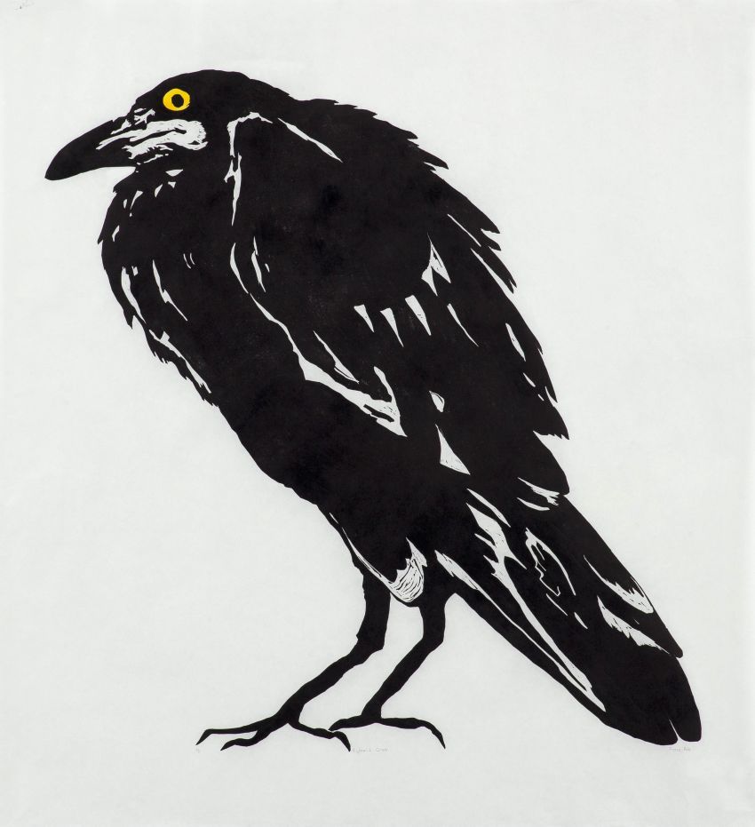 Click the image for a view of: Fiona Pole. Kyosai's Crow. 2015. Linocut, chine colle. Edition 5. 970X920mm