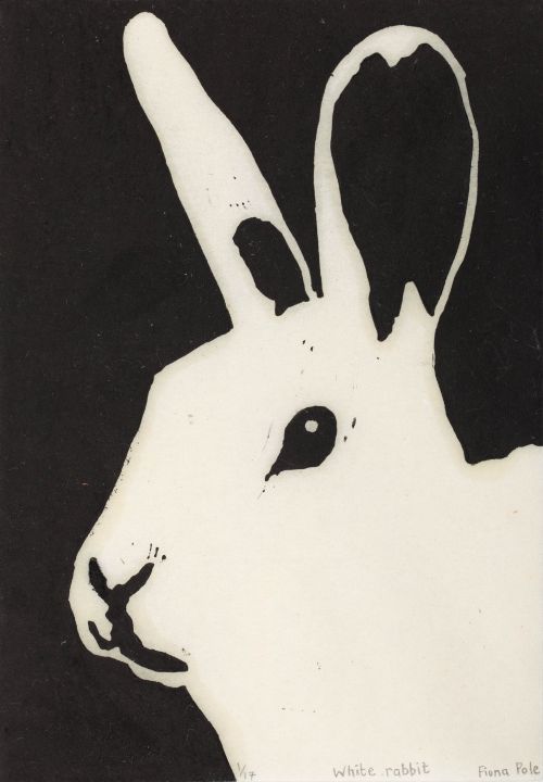 Click the image for a view of: Fiona Pole. Noir et blanc: White rabbit. 2015. Linocut. Edition 17. 190X145mm