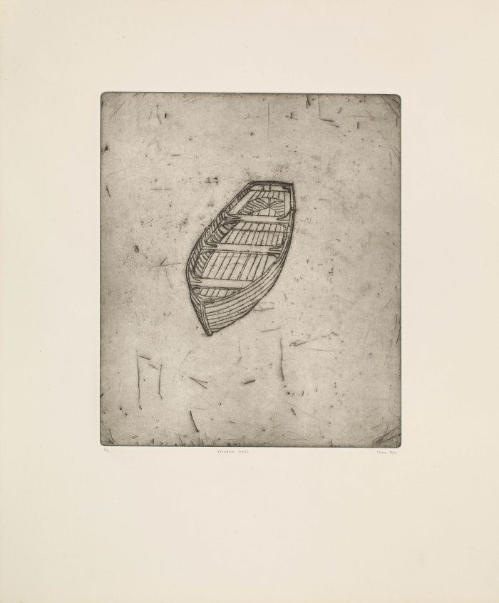 Click the image for a view of: Fiona Pole. Wooden boat. 2015. Etching, drypoint, roulette wheels. Edition 2. 460X375mm