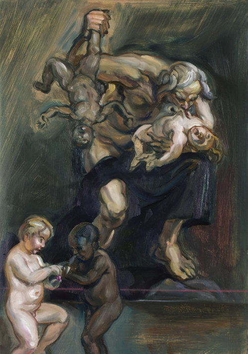Click the image for a view of: Johannes Phokela. Saturn devours his children. 2015. Oil on paper. 765X590X40mm (framed)