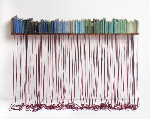 Click the image for a view of: Never Forever. 2009. Found books, wood, ribbon, mixed media. 1500X2200mm