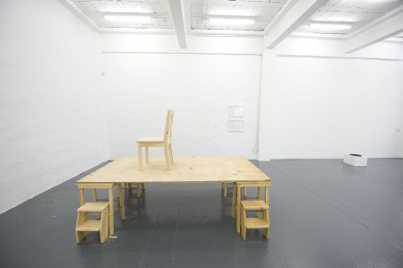 Click the image for a view of: Observation Structure 2. 2009. Wood, stepladders, chair facing white wall. 1,6X2,4X1,52m