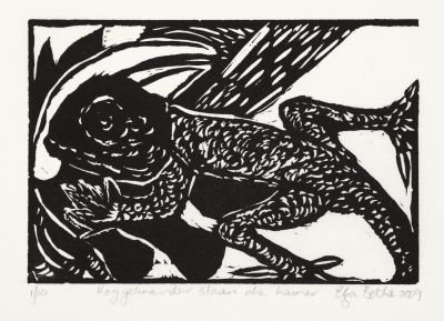 Click the image for a view of: Koggelmander slaan die hamer. 2009. Woodcut. Edition 10. Image 140X210mm