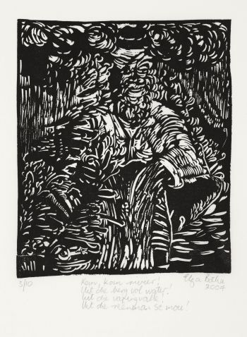 Click the image for a view of: Kom, kom rivier... 2007. Linocut. Edition 10. Image 255X210mm