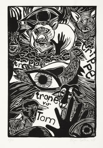 Click the image for a view of: Trippe, trappe, trone vir Tom. 2005. Linocut. Edition 10. 360X240mm