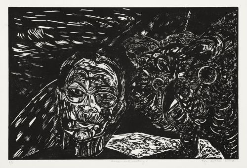 Click the image for a view of: Karoo-ontmoeting 1. 2007. Woodcut. Edition 3. Image 400X610mm