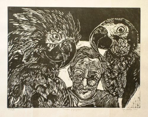 Click the image for a view of: Tussen papegaaie. 2005. Woodcut. Edition 3. Image 472X627mm