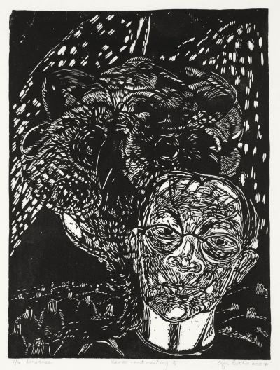 Click the image for a view of: Karoo-ontmoeting 2. 2007. Linocut. Edition 4. Image 505X383mm