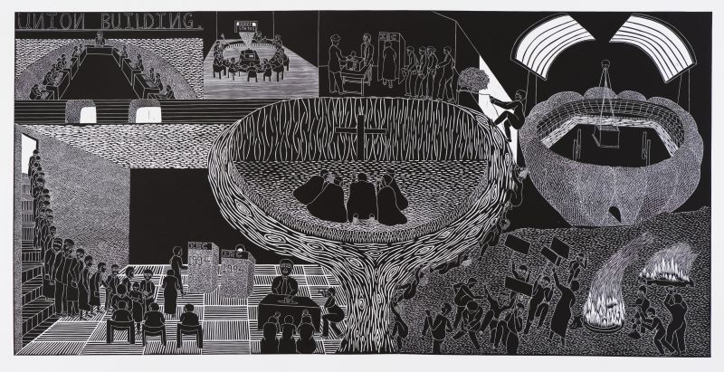 Click the image for a view of: Sandile Goje. Bitter, sweeter journey of South Africans. 2009. Linocut. Edition 10. 1050X2100mm