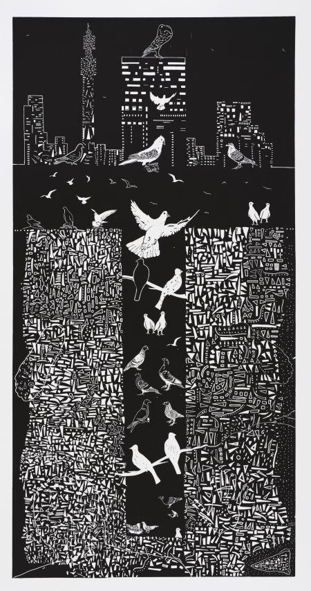 Click the image for a view of: Dikgwele Paul Molete. Cross pigeons. 2010. Linocut. Edition 10. 2100X1050mm