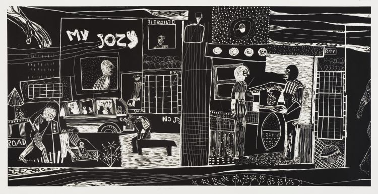 Click the image for a view of: Jol Mpah Dooh. Yo! My Jozy... 2009. Linocut. Edition 10. 1050X2100mm