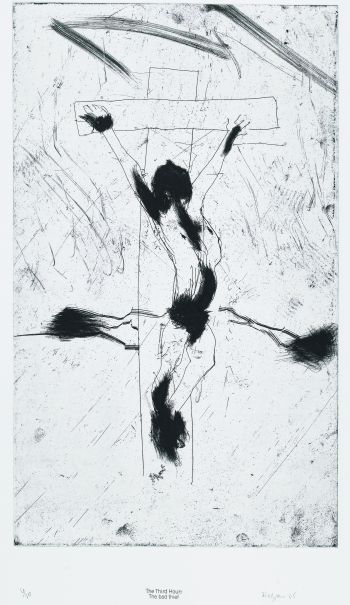 Click the image for a view of: Robert Hodgins. The Third Hour: The Bad Thief. 2005. Etching. Edition 20. 580X345 mm