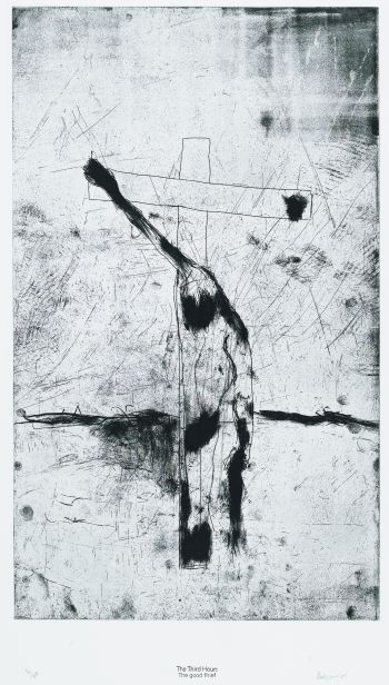 Click the image for a view of: Robert Hodgins. The Third Hour: The Good Thief. 2005. Etching. 9/20. 580X345 mm