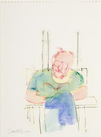 Click the image for a view of: Jan Neethling. Untitled (Rob reading in Boggoms Bay). 2006. Water colour, water colour pencil. 375X275 mm