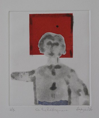 Click the image for a view of: Robert Hodgins. On the red square. 2007. Spitbite and aquatint. 346X275 mm