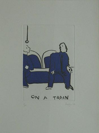 Click the image for a view of: Robert Hodgins. On a train. 2008. Etching. 20/20. 398X265 mm