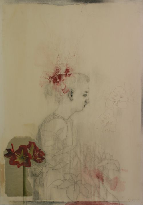 Click the image for a view of: Terry Kurgan. Untitled (blooms). 2011. charcoal, pencil, red oxide, oil, collage, beeswax on Fabriano paper primed with rabbit-skin glue. 1000X700mm