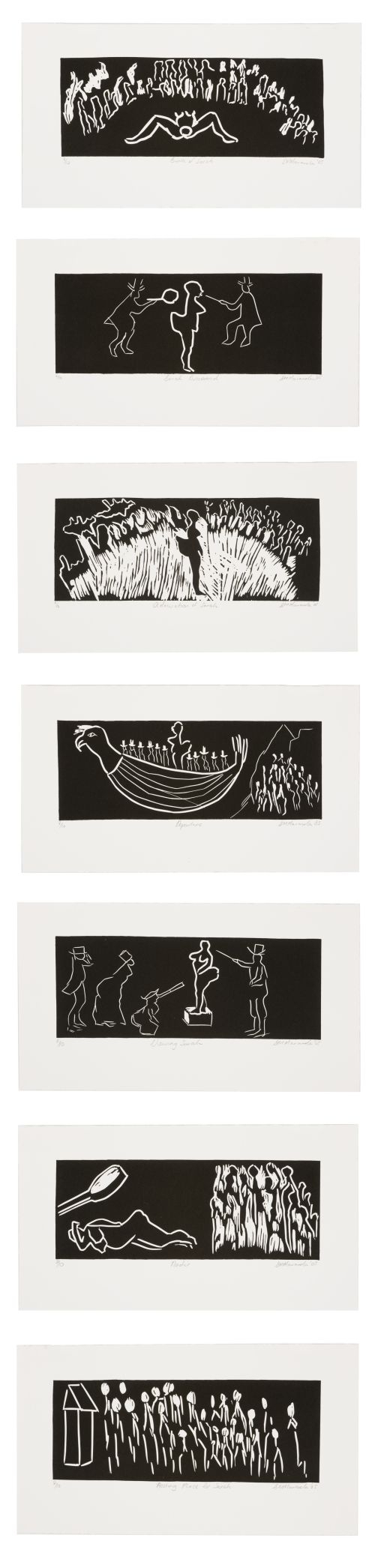 Click the image for a view of: Sarah Baartman remembered. 2005. Suite of 7 linocuts. Edition size 10. Image 110X300mm each